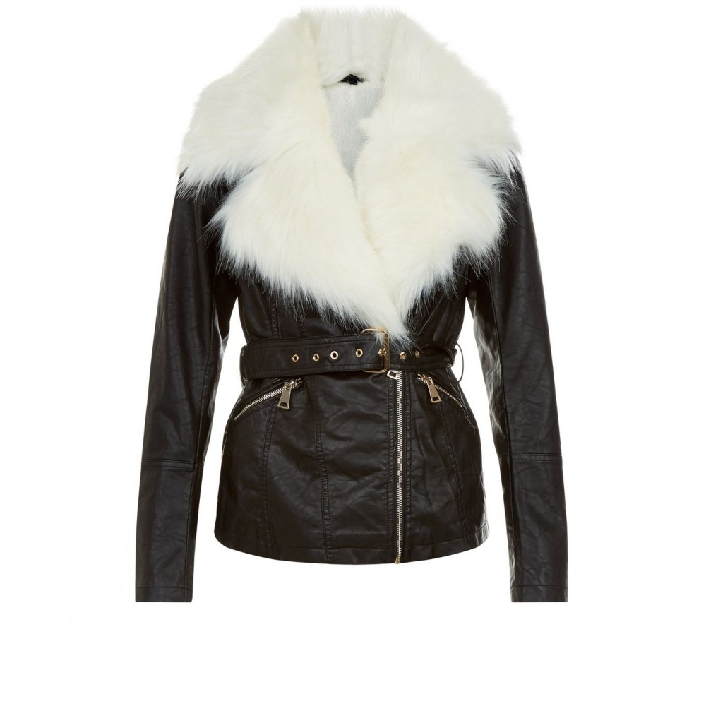 Women Leather Jacket Black Faux Fur Leather Jacket